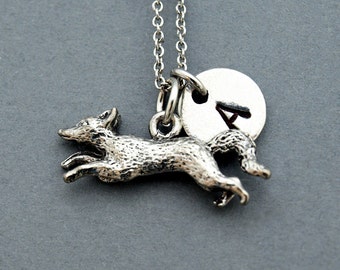 Running fox Necklace, Fox charm necklace, Silver fox charm jewelry, initial necklace, initial hand stamped, personalized, monogram