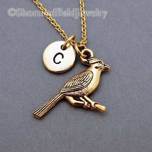 Cardinal bird charm necklace, bird charm, antique gold, initial necklace, initial hand stamped, personalized, monogram