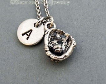 Baseball glove necklace, softball necklace, baseball mitt, antique silver, initial necklace, initial hand stamped, personalized, monogram