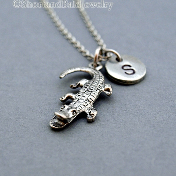 Alligator charm necklace, Crocodile, alligator necklace, initial necklace, initial hand stamped, personalized, antique silver, monogram