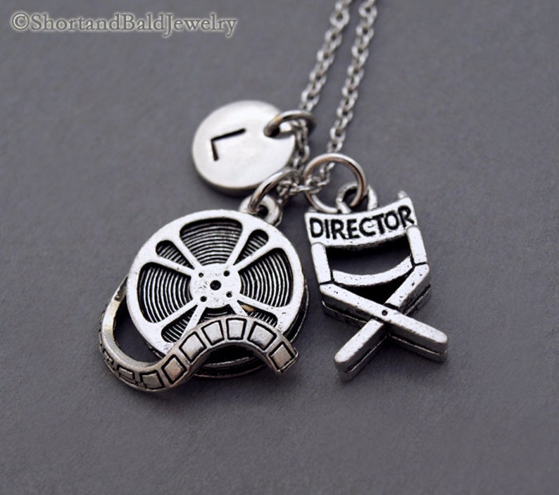 Film reel necklace, Movie reel necklace, Director's chair necklace, Film lover, movie lover, Film student gift, initial necklace image 2