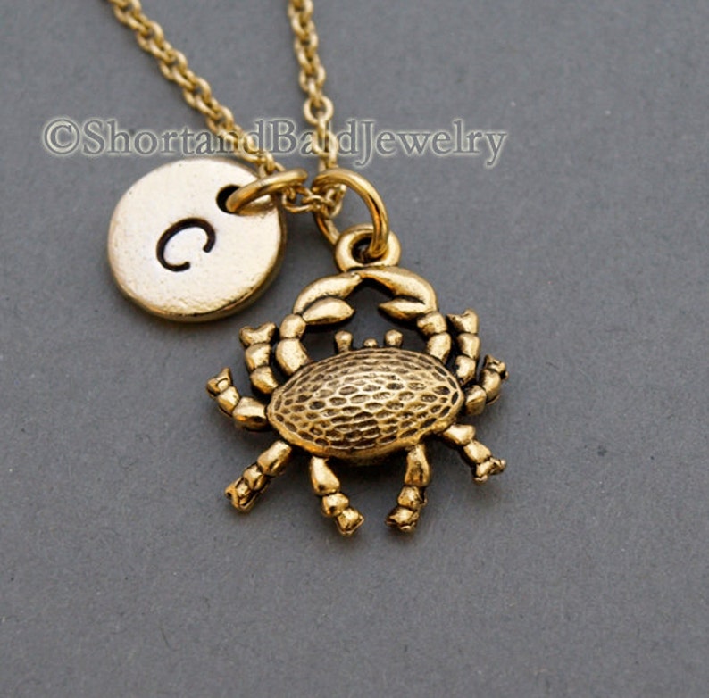 Crab Charm Necklace Small Crab Antique Gold Initial Etsy