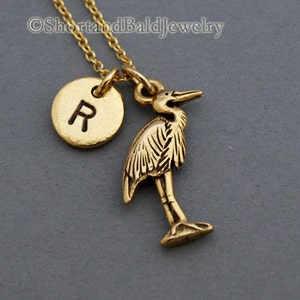 Heron charm necklace, bird charm, antique gold, initial necklace, initial hand stamped, personalized, monogram