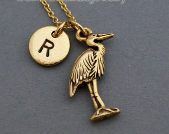 Heron charm necklace, bird charm, antique gold, initial necklace, initial hand stamped, personalized, monogram