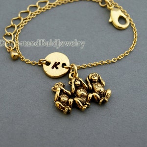 Three Monkeys bracelet, three wise monkeys, see no evil hear no evil speak no evil, initial, friendship, adjustable, monogram