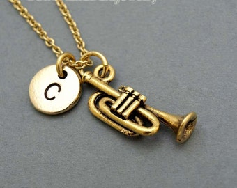 Trumpet necklace, instrument musician, antique gold, initial necklace, initial hand stamped, personalized, monogram