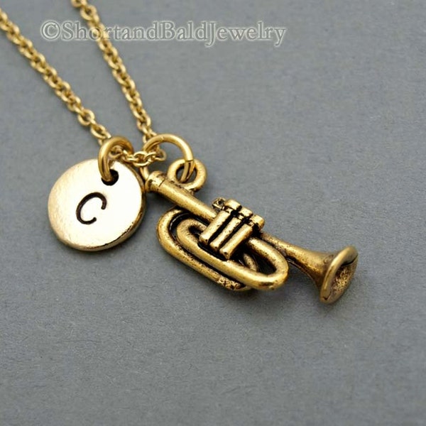 Trumpet necklace, instrument musician, antique gold, initial necklace, initial hand stamped, personalized, monogram