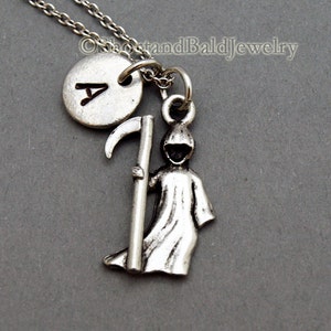 Grim Reaper necklace, Angel of death necklace, initial necklace, hand stamped, personalized, antique silver, monogram