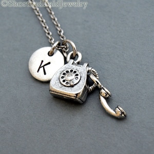 Vintage Telephone necklace, telephone charm, antique silver, initial necklace, initial hand stamped, personalized, monogram