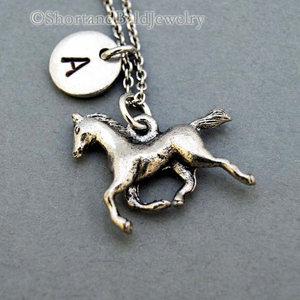 Running Horse necklace, horse necklace, horse charm, initial necklace, initial hand stamped, personalized, antique silver, monogram