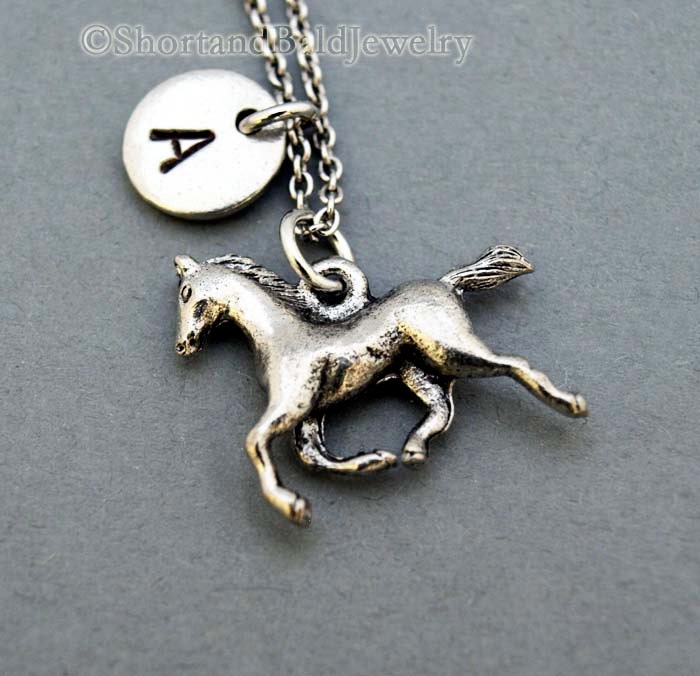 Running Horse necklace, horse necklace, horse charm, initial necklace…