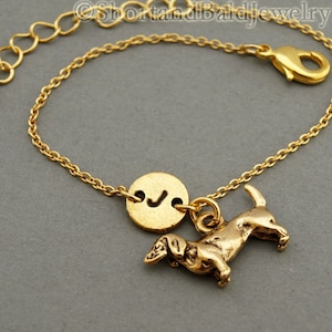 Daschund charm bracelet, Dachshund, Doxie, antique gold, Wiener, initial bracelet, friendship, mothers, adjustable, monogram