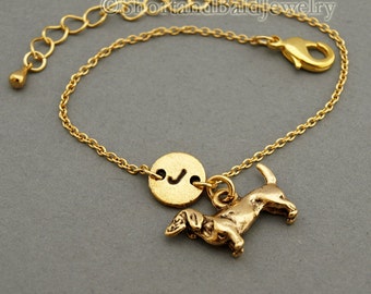 Daschund charm bracelet, Dachshund, Doxie, antique gold, Wiener, initial bracelet, friendship, mothers, adjustable, monogram