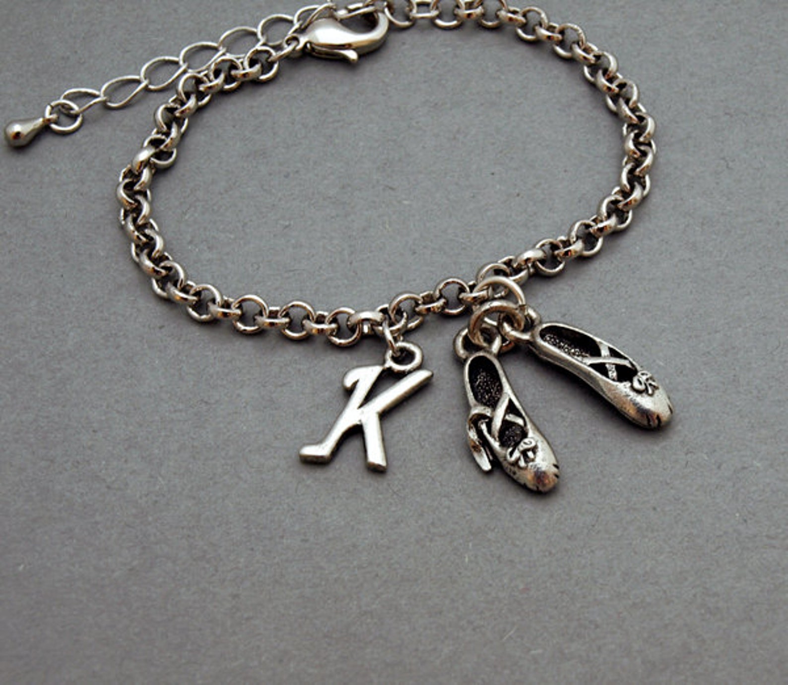ballet shoes charm bracelet, ballet slippers, antique silver, initial bracelet, friendship, mothers, adjustable, monogram ballet shoes charm bracelet, ballet slippers, antique silver, initial bracelet, friendship, mothers, adjustable, monogram
