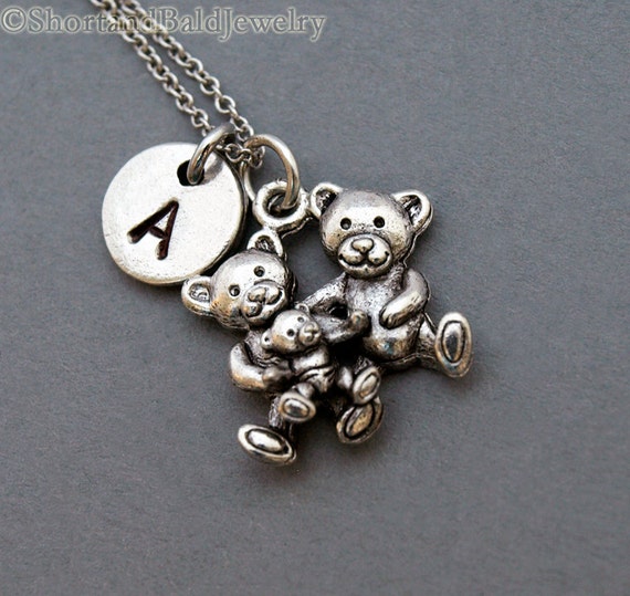 Teddy Bear charm silver Initial Letter Necklace stamped monogram pendants Teddy Bear charm silver Initial Letter Necklace stamped monogram pendants
