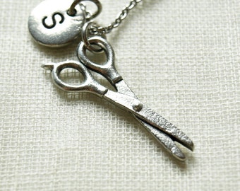 Scissors necklace, silver scissors charm, hairdresser, Silver scissors charm, hair stylist, seamstress, initial necklace, monogram