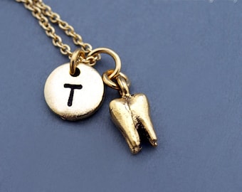 Tooth necklace, 3D tooth charm, Tooth fairy charm necklace, Molar charm, Dentist, gold tooth, initial necklace, personalized, monogram
