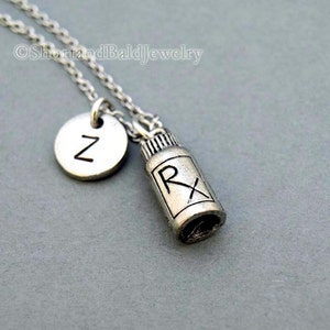 RX medicine bottle charm necklace, pill bottle charm, RX bottle charm, initial necklace, personalized, antique silver, monogram
