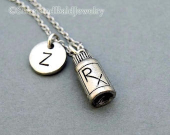 RX medicine bottle charm necklace, pill bottle charm, RX bottle charm, initial necklace, personalized, antique silver, monogram