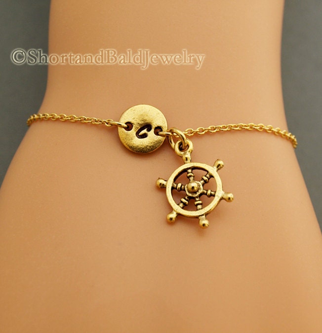 Ship steering wheel charm bracelet antique gold initial Etsy