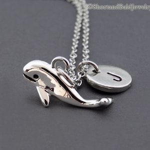 Whale necklace, Whale charm, Small silver whale, White whale, initial necklace, initial hand stamped, personalized, antique silver, monogram