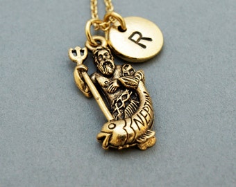 Neptune necklace, roman god of freshwater and the sea, God of sea, Roman god, Poseidon, initial necklace, personalized, monogram