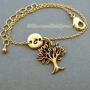 Tree of life bracelet, family tree, antique gold, initial bracelet, friendship, mothers, adjustable, monogram