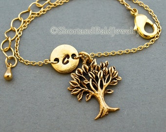 Tree of life bracelet, family tree, antique gold, initial bracelet, friendship, mothers, adjustable, monogram