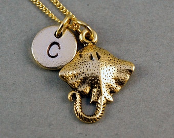 Stingray Necklace,  Gold stingray, ray necklace, antique gold, initial necklace, initial hand stamped, personalized, monogram