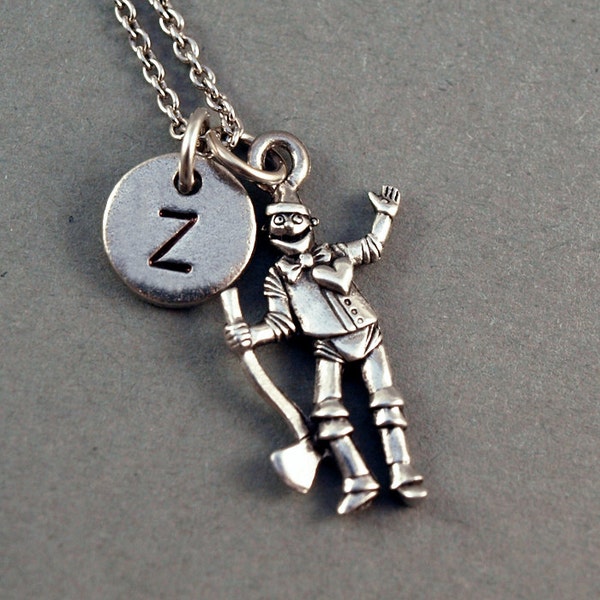 Tin Man Necklace, tinman, Wizard of OZ,  Tin Woodman, initial necklace, initial hand stamped, personalized, antique silver, monogram