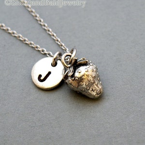 Strawberry necklace, Strawberry 3D charm, fruit charm, initial necklace, initial hand stamped, personalized, antique silver, monogram