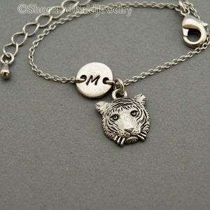 Tiger Head charm bracelet, tiger head, antique silver, initial bracelet, friendship, mothers, adjustable, monogram