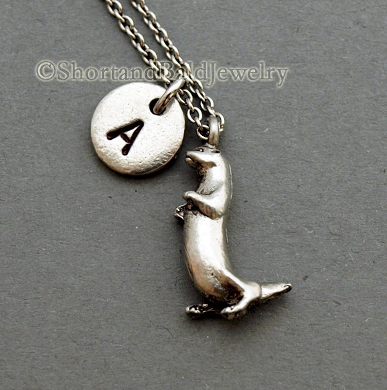 Otter charm necklace, sea otter, initial necklace, initial hand stamped, personalized, antique silver, monogram image 1