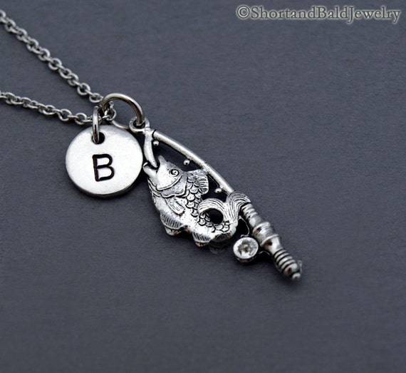 Fisherman Silver fish charm personalized initial hand stamped monogram Fish charm jewelry fishing initial necklace Fish necklace