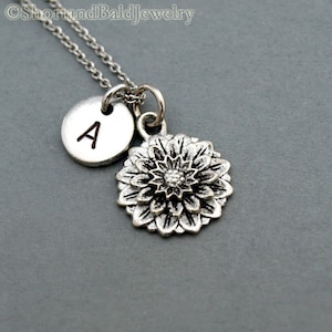 Chrysanthemum necklace, flower charm, Chrysanthemum flower, antique silver, initial necklace, hand stamped, personalized, monogram image 2