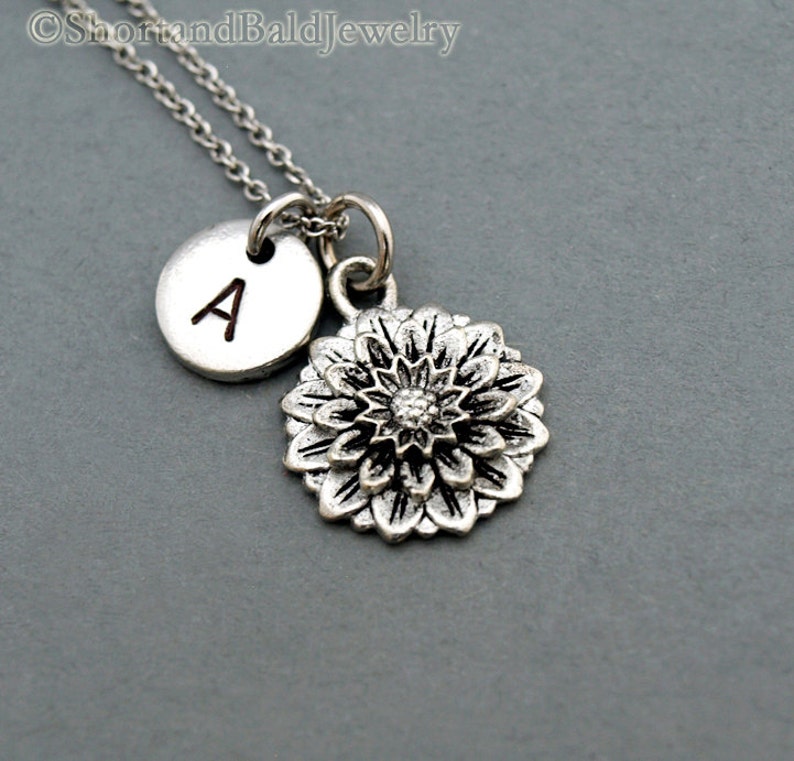 Chrysanthemum necklace, flower charm, Chrysanthemum flower, antique silver, initial necklace, hand stamped, personalized, monogram image 2