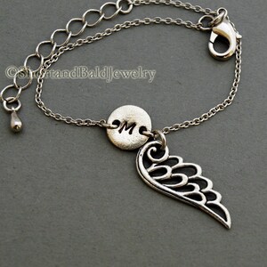 WIng charm bracelet, angel wings, antique silver, initial bracelet, friendship, mothers, adjustable, monogram