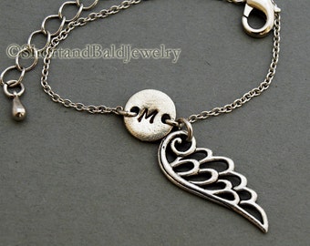 WIng charm bracelet, angel wings, antique silver, initial bracelet, friendship, mothers, adjustable, monogram