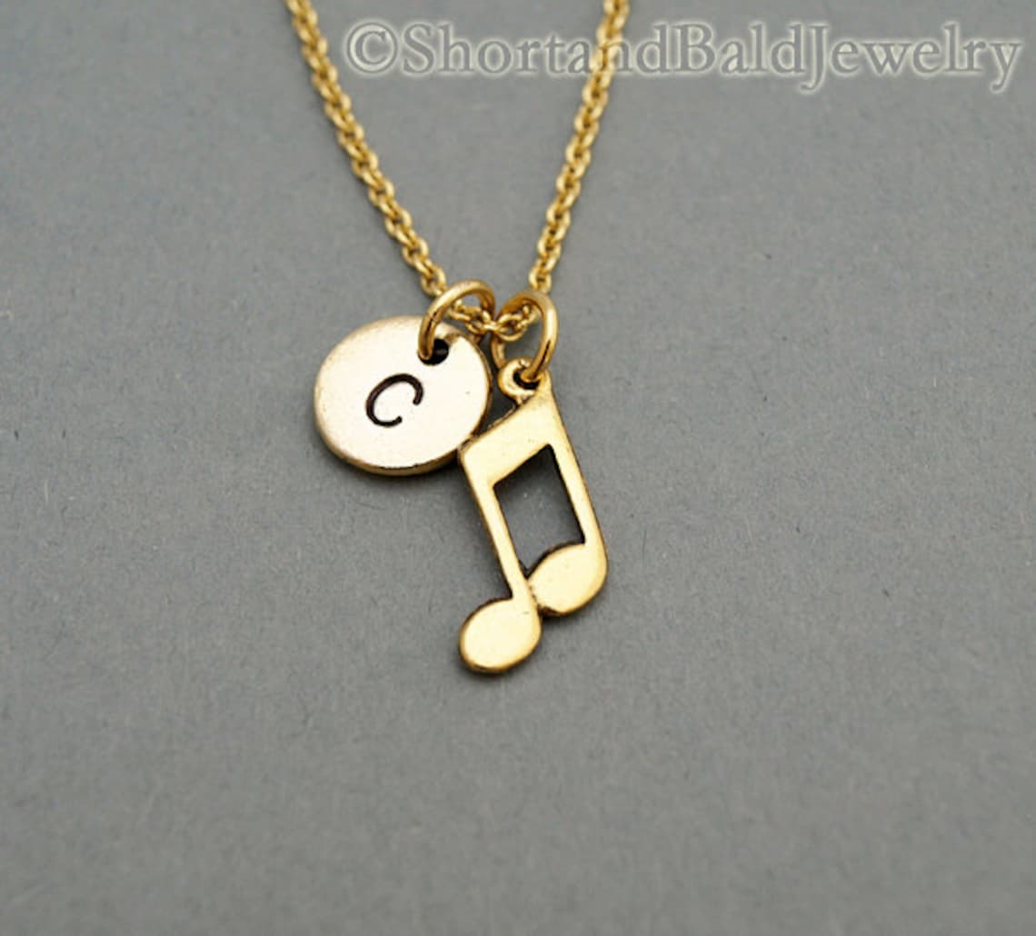 Music Note Necklace Musician Antique Gold Initial Necklace Etsy