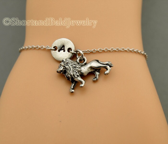 Lion Charm Bracelet Antique Silver Initial Bracelet Etsy