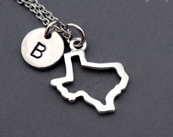 Texas necklace, Texas outline, Texas state charm necklace, antique silver, initial necklace, initial hand stamped, personalized, monogram