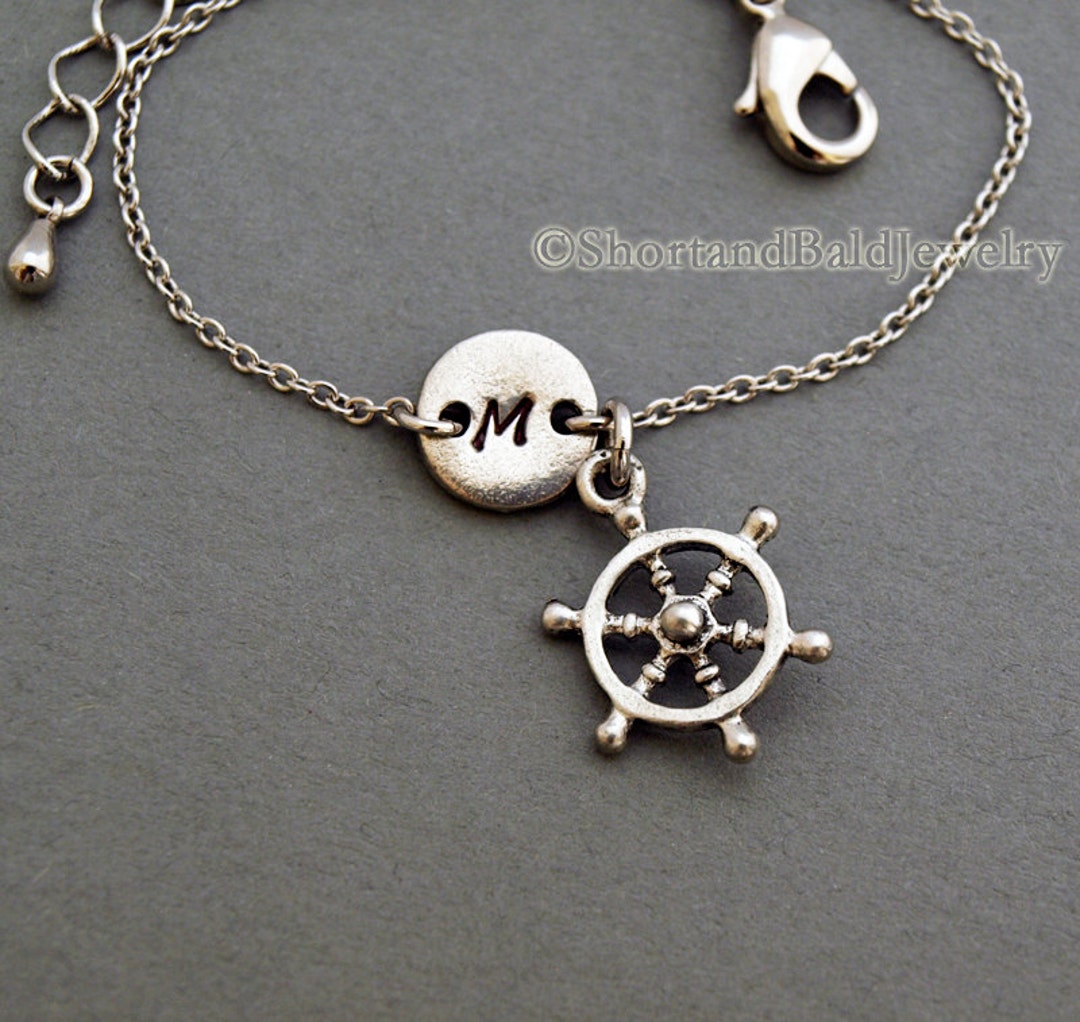 Ship Steering Wheel Charm Bracelet Antique Silver Initial Etsy