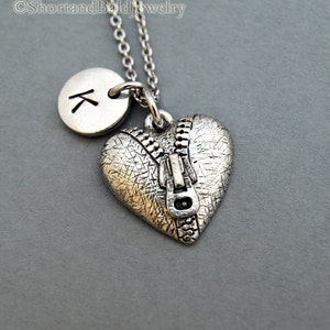 Heart with zipper Necklace, Heart necklace, eternity heart, initial necklace, initial hand stamped, personalized, antique silver, monogram