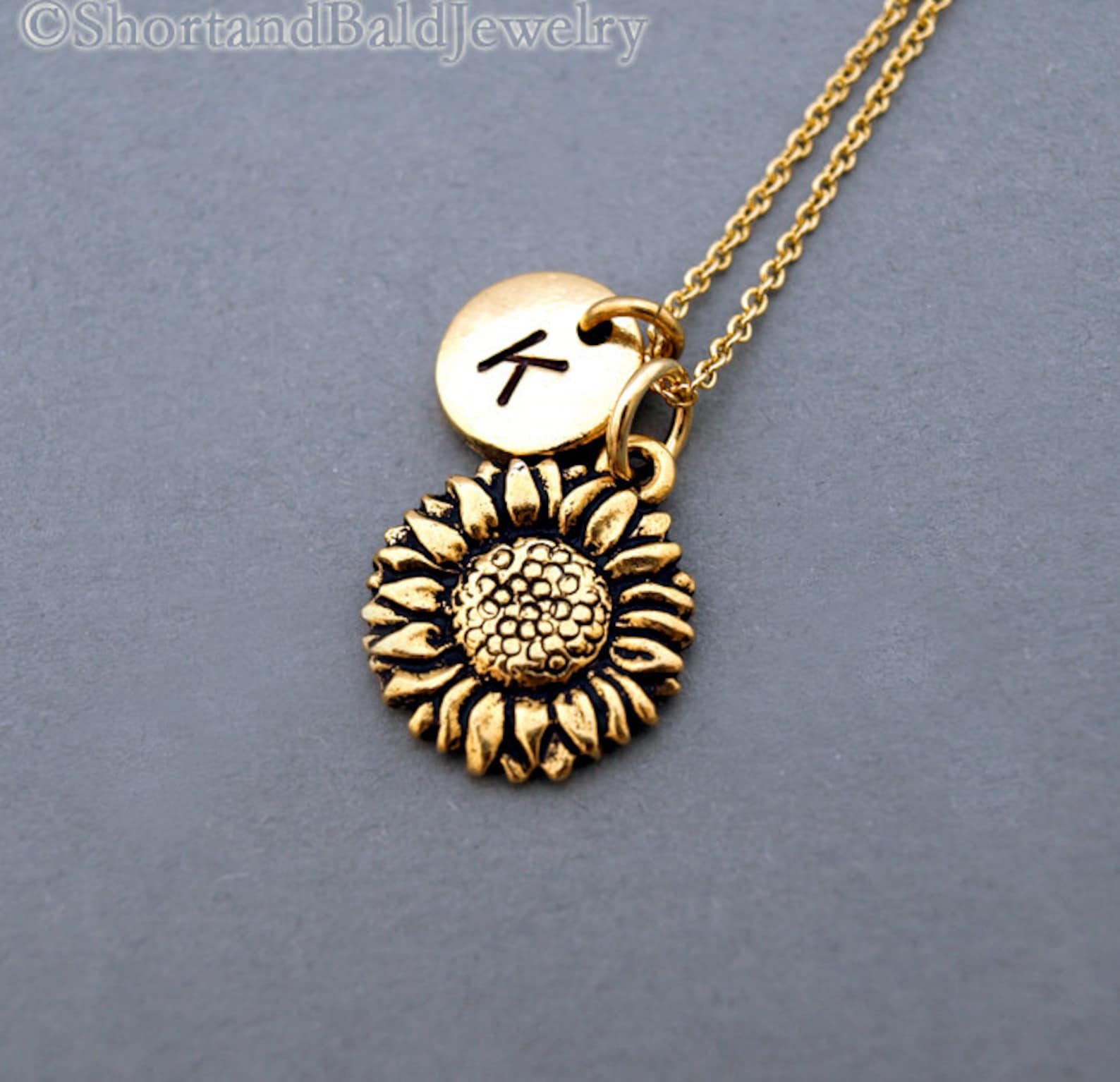 Sunflower Necklace, Gold Sunflower Charm, Sunflower Jewelry, Initial