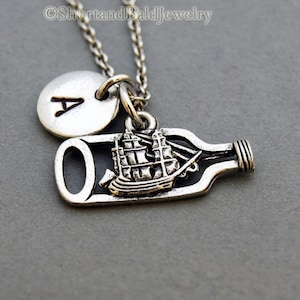 Ship in a bottle necklace, impossible bottle, initial necklace, initial hand stamped, personalized, antique silver, monogram