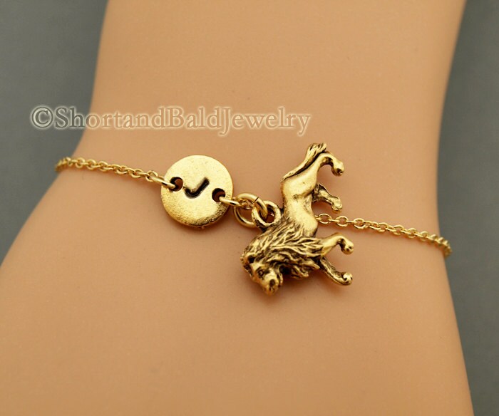 Lion Charm Bracelet Antique Gold Initial Bracelet Etsy
