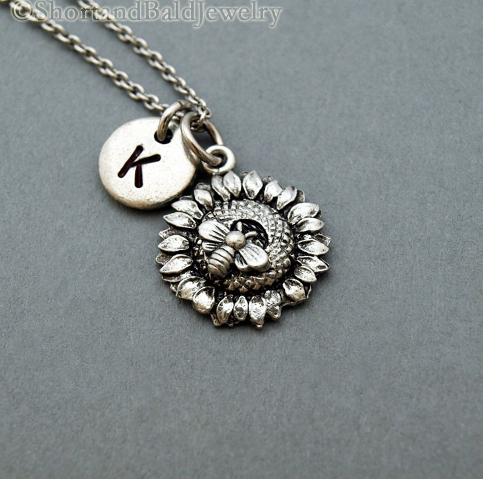 Bee on Sunflower Necklace Bee Sunflower Necklace Initial Etsy