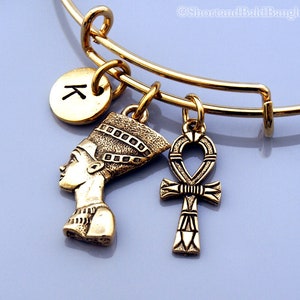 Nefertiti, Great Royal Wife Pharaoh Akhenaten, ANKH, the key of the Nile, Egyptian gods, Egyptian theme, Gold ANKH, Initial bracelet
