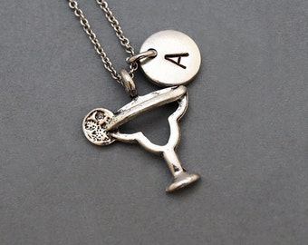 Martini glass necklace, Personalized martini glass, initial necklace, initial hand stamped, personalized, antique silver, monogram