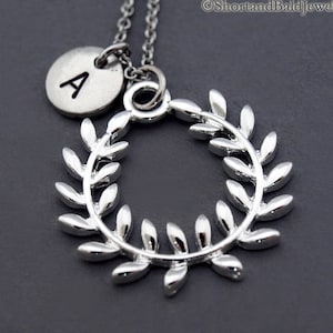 Olive wreath necklace, Silver Olive wreath, kotinos, initial necklace, initial hand stamped, personalized, antique silver, monogram